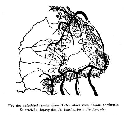Rumänernas invandring som herdefolk till Transsylvanien under början av 1200-talet, enligt traditionell ungersk historieskrivning. Karta i "Die siebenbürgische Frage", en appell från exilungrare i väst 1965.